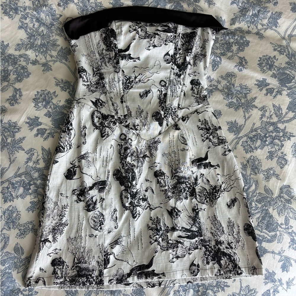 Black & White Toile Corset Mini Dress